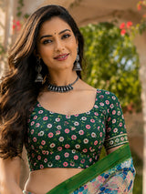Dista Elora cream & Green Linen Geometric & Abstract Grid Digital Print Bollywood Saree, view 5