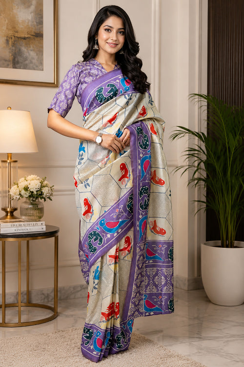 Dista Elora Cream & Lavender Chanderi Cotton Bird Motifs Printed Ready To Wear Saree
