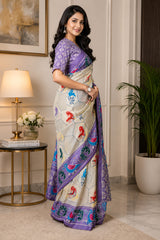 Dista Elora Cream & Lavender Chanderi Cotton Bird Motifs Printed Ready To Wear Saree, view 3