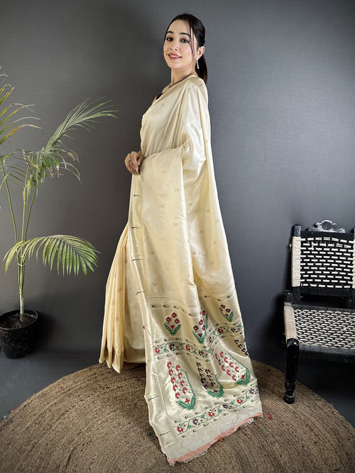 Dista Elora Cream Lichi Silk Floral Ikat Motifs Zari weaving Paithani Saree