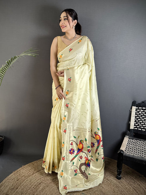 Dista Elora Cream Lichi Silk Parrot & Floral Woven Design Zari Weaving Paithani Saree
