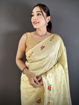 Dista Elora Cream Lichi Silk Parrot & Floral Woven Design Zari Weaving Paithani Saree, view 2
