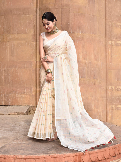 Dista Elora Cream Linen Butti Weave Ikkat Festive & Traditional Designer Saree