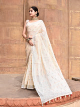 Dista Elora Cream Linen Butti Weave Ikkat Festive & Traditional Designer Saree, view 2