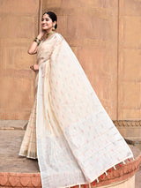 Dista Elora Cream Linen Butti Weave Ikkat Festive & Traditional Designer Saree, view 3