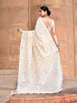 Dista Elora Cream Linen Butti Weave Ikkat Festive & Traditional Designer Saree, view 4