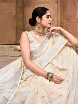 Dista Elora Cream Linen Butti Weave Ikkat Festive & Traditional Designer Saree, view 5