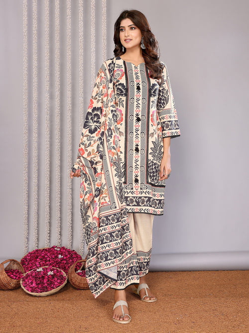 Dista Elora Cream Linen Floral Printed Straight Notch Neck Kurta Set