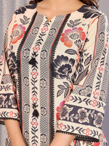 Dista Elora Cream Linen Floral Printed Straight Notch Neck Kurta Set, view 2