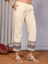 Dista Elora Cream Linen Floral Printed Straight Notch Neck Kurta Set, view 3