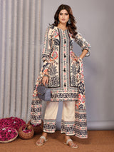 Dista Elora Cream Linen Floral Printed Straight Notch Neck Kurta Set, view 5