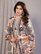 Dista Elora Cream Linen Floral Printed Straight Notch Neck Kurta Set, view 6