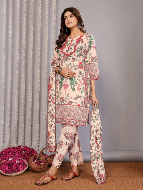 Dista Elora Cream Linen Floral Printed Straight Notch Neck Kurta Set