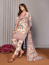 Dista Elora Cream Linen Floral Printed Straight Notch Neck Kurta Set, view 2