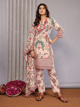 Dista Elora Cream Linen Floral Printed Straight Notch Neck Kurta Set, view 3