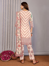 Dista Elora Cream Linen Floral Printed Straight Notch Neck Kurta Set, view 6