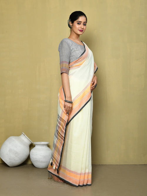 Dista Elora Cream Linen Plain Handloom Everyday Use and Casual Saree