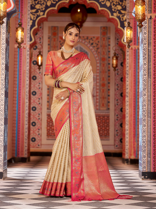 Dista Elora Cream Munga Zari Silk Kanjivaram With Zig Zag Pattern Saree