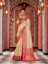 Dista Elora Cream Munga Zari Silk Kanjivaram With Zig Zag Pattern Saree, view 2