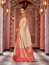 Dista Elora Cream Munga Zari Silk Kanjivaram With Zig Zag Pattern Saree, view 3