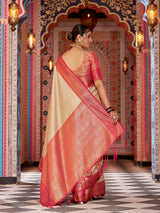 Dista Elora Cream Munga Zari Silk Kanjivaram With Zig Zag Pattern Saree, view 4