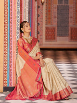 Dista Elora Cream Munga Zari Silk Kanjivaram With Zig Zag Pattern Saree, view 5