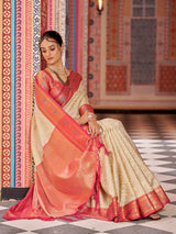Dista Elora Cream Munga Zari Silk Kanjivaram With Zig Zag Pattern Saree, view 6