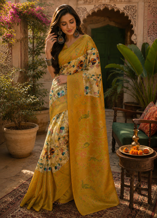 Dista Elora Cream & Mustard Yellow Linen Kalamkari Digital Print Bollywood Saree
