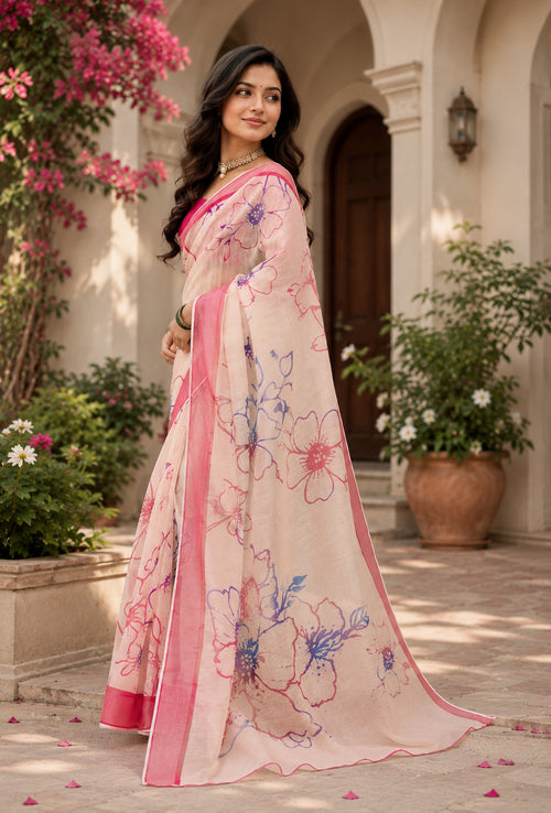 Dista Elora Cream & Pink Chanderi Cotton Floral Printed Ready To Wear Saree