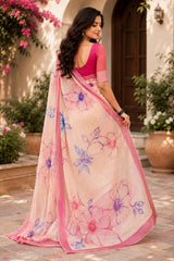 Dista Elora Cream & Pink Chanderi Cotton Floral Printed Ready To Wear Saree, view 2
