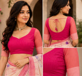 Dista Elora Cream & Pink Chanderi Cotton Floral Printed Ready To Wear Saree, view 3