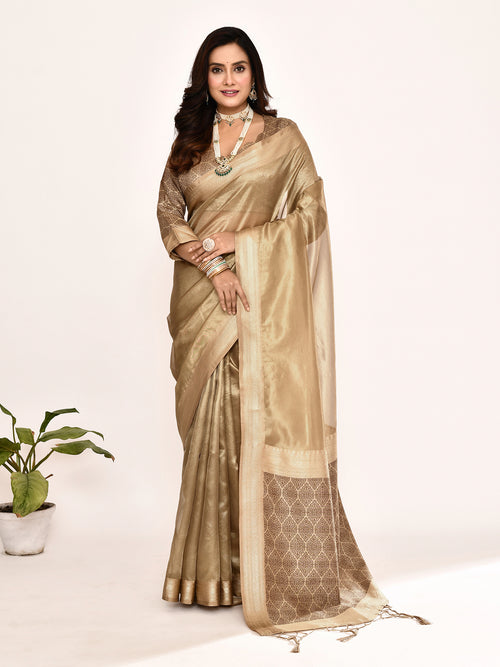 Dista Elora Cream Plain Banarasi Tissue Silk Weaving Saree