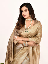 Dista Elora Cream Plain Banarasi Tissue Silk Weaving Saree, view 4