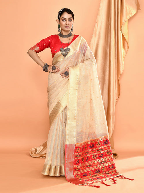 Dista Elora Cream Pure Linen Silk Ikat Butti Zari Weaving Saree