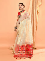 Dista Elora Cream Pure Linen Silk Ikat Butti Zari Weaving Saree, view 2