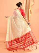 Dista Elora Cream Pure Linen Silk Ikat Butti Zari Weaving Saree, view 3