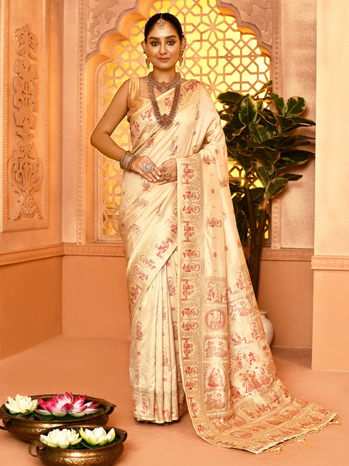 Dista Elora Cream Pure Soft Silk Baluchari Weaving Saree