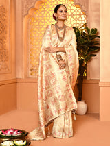 Dista Elora Cream Pure Soft Silk Baluchari Weaving Saree, view 2
