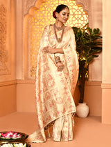 Dista Elora Cream Pure Soft Silk Baluchari Weaving Saree, view 3