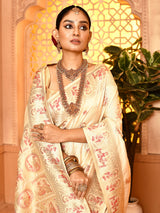 Dista Elora Cream Pure Soft Silk Baluchari Weaving Saree, view 4
