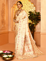 Dista Elora Cream Pure Soft Silk Baluchari Weaving Saree, view 5