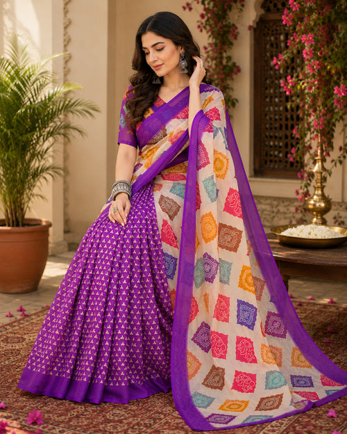 Dista Elora Cream & Purple Linen Geometric Block Digital Print Bollywood Saree