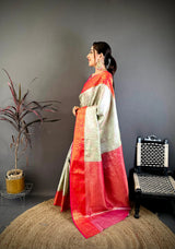 Dista Elora Cream & Red Soft Silk Floral Zari Weaving Banarasi Saree, view 2