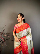 Dista Elora Cream & Red Soft Silk Floral Zari Weaving Banarasi Saree, view 3