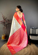 Dista Elora Cream & Red Soft Silk Floral Zari Weaving Banarasi Saree, view 4