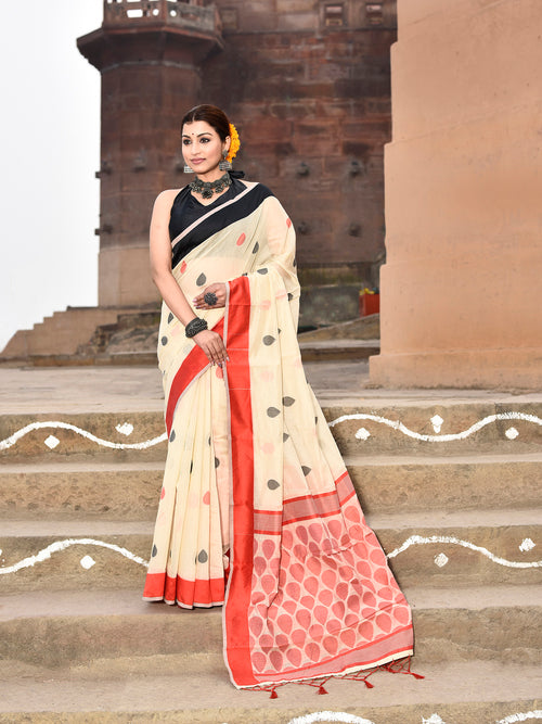 Dista Elora Cream Soft Cotton Butti Weaving Handloom Casual Saree