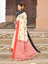 Dista Elora Cream Soft Cotton Butti Weaving Handloom Casual Saree, view 2