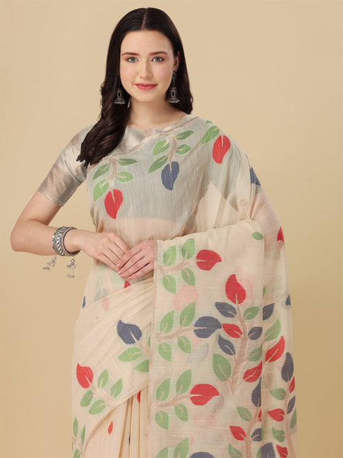 Dista Elora Cream Soft Cotton Floral Printed Bhagalpuri Designer Saree