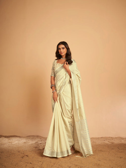 Dista Elora Cream Soft Linen Solid Foil Printed Designer Casual Saree