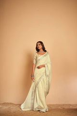 Dista Elora Cream Soft Linen Solid Foil Printed Designer Casual Saree, view 2